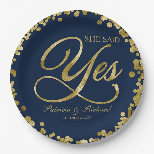 Navy Blue Gold She Said Yes Engagement Party Paper Plate (Front)