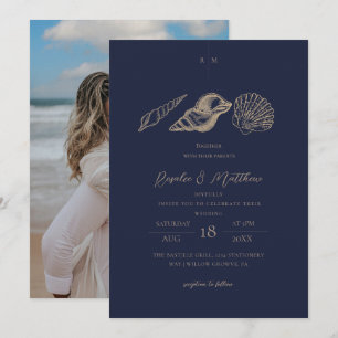 Navy Blue & Gold Shells Coastal Wedding Invitation