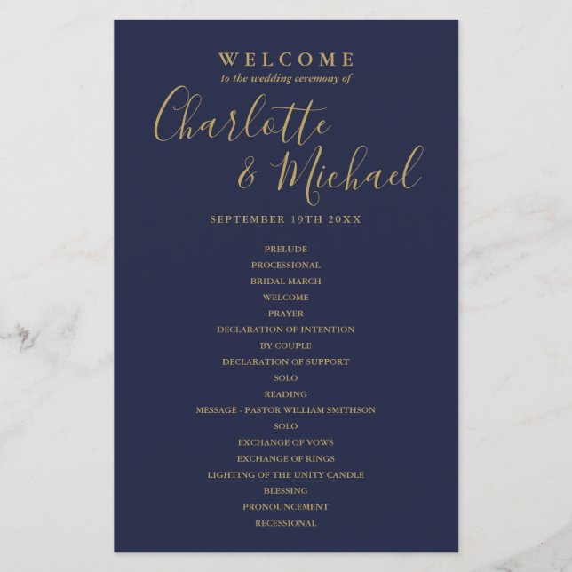 Navy Blue Gold Signature Script Wedding Program (Front)