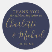 Navy Blue Gold Signature Wedding Favour Thank You Classic Round Sticker (Front)