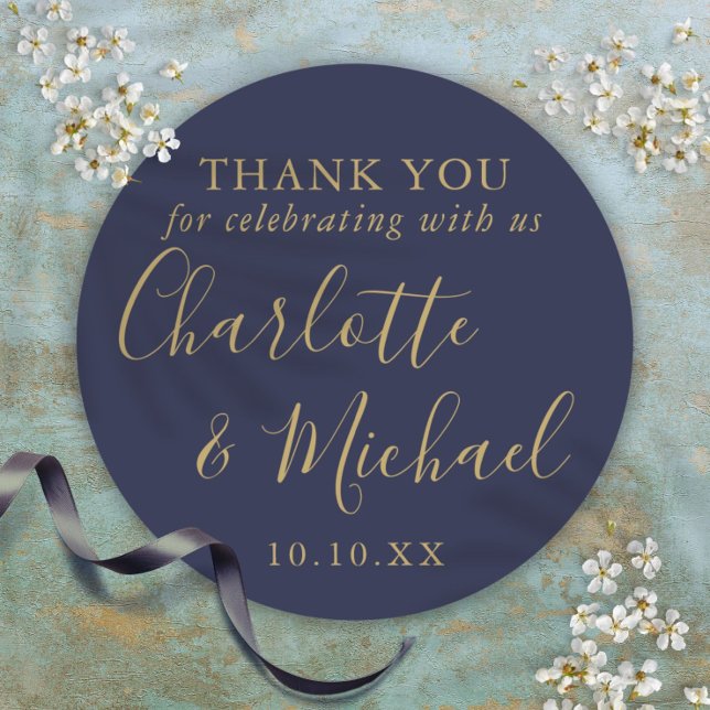 Navy Blue Gold Signature Wedding Favour Thank You Classic Round Sticker