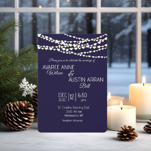Navy Blue Gold Silver Heart String Lights Invitation
