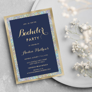 Navy blue gold silver holographic Bachelor Party Invitation