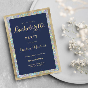 Navy blue gold silver holographic Bachelorette  Invitation