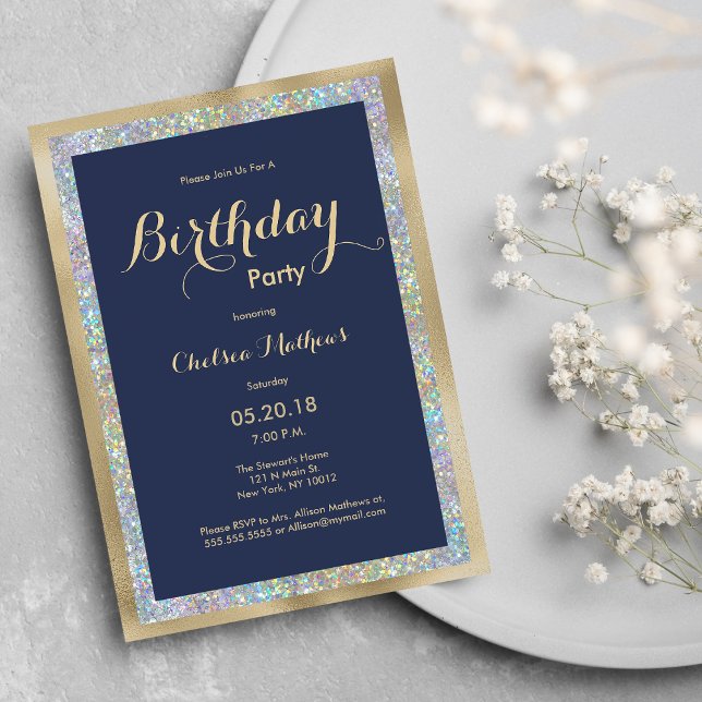 Navy blue gold silver holographic Birthday Party Invitation (Navy blue gold silver holographic Birthday Party )
