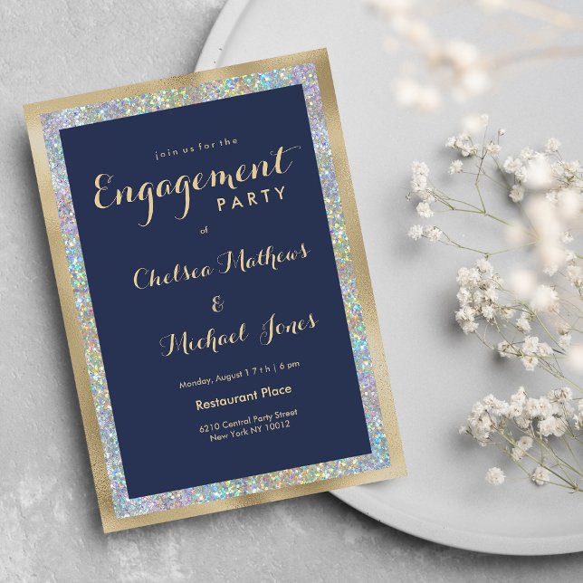 Navy blue gold silver holographic Engagement Party Invitation (Navy blue gold silver holographic Engagement Party)