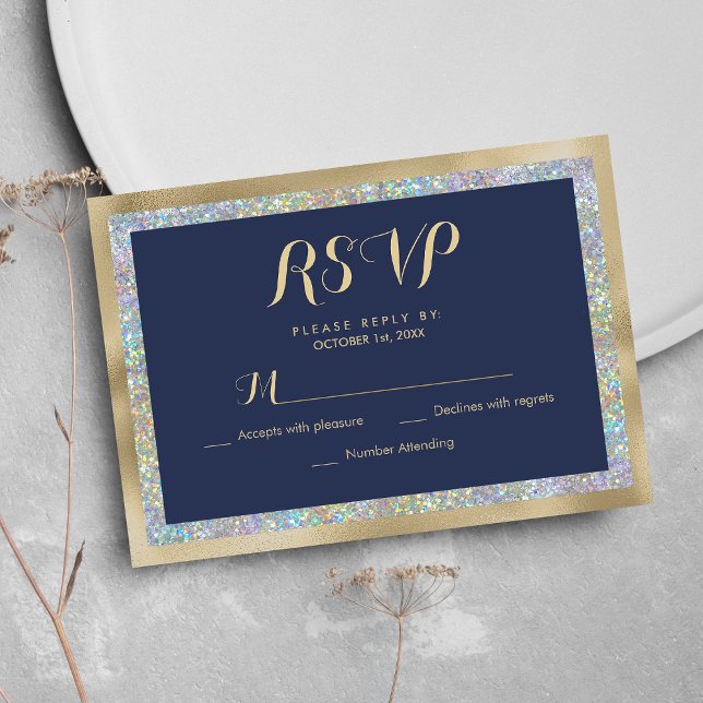 Navy blue gold silver holographic glitter RSVP Card (Navy blue gold silver holographic glitter RSVP )