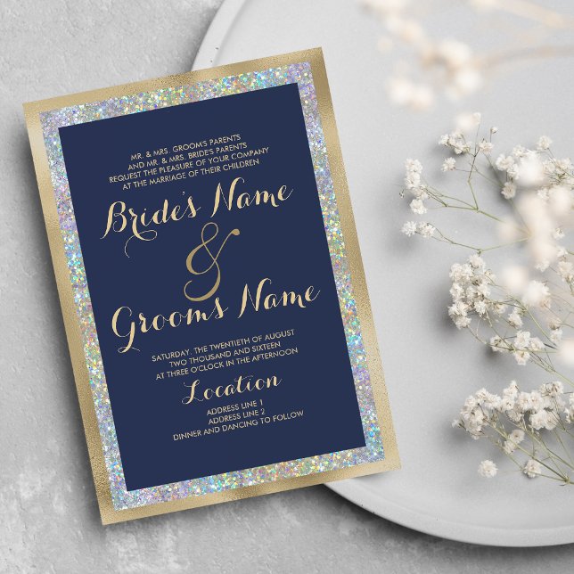 Navy blue gold silver holographic glitter Wedding Invitation (Navy blue gold silver holographic glitter Wedding )