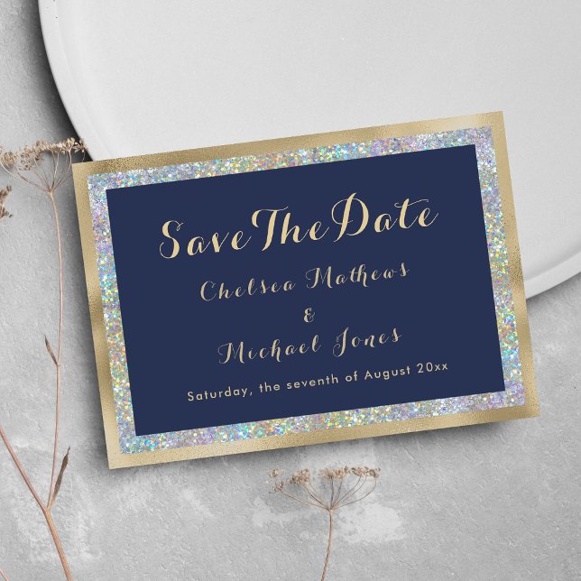 Navy blue gold silver holographic Save The Date (Navy blue gold silver holographic Save The Date)