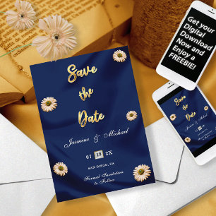 Navy Blue Gold Silver Ivory Beige Floral Wedding  Save The Date