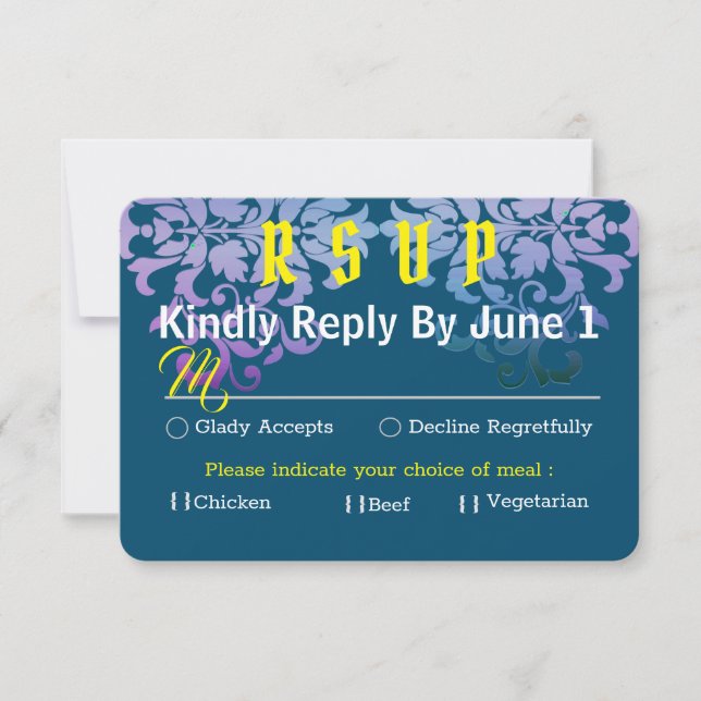 Navy Blue Gold Silver Yellow Wedding RSVP Card (Front)