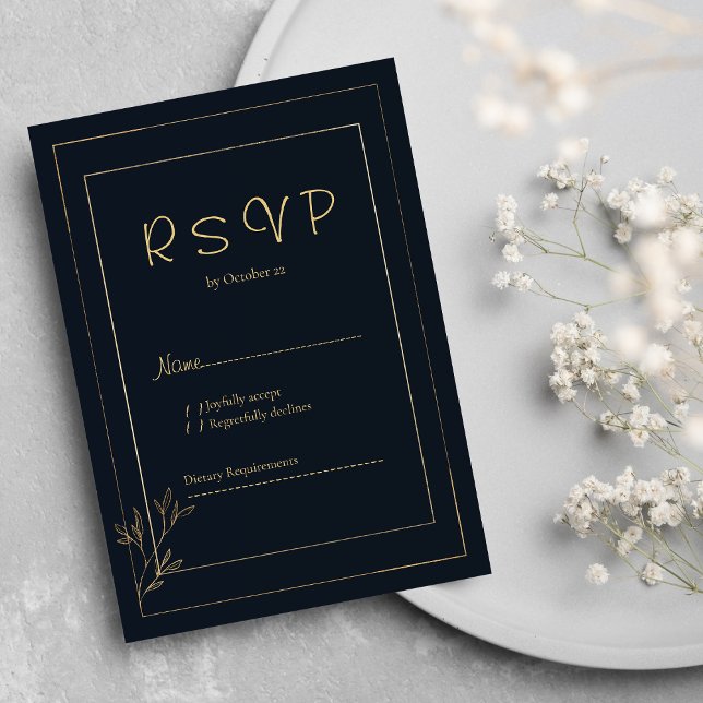 Navy blue gold simple minimalist floral RSVP Invitation (Navy blue gold simple minimalist floral RSVP)