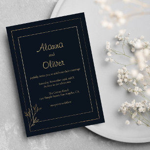 Navy blue gold simple minimalist floral Wedding Invitation