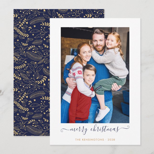 Navy Blue Gold Simple Script Merry Christmas Photo Holiday Card (Front/Back)