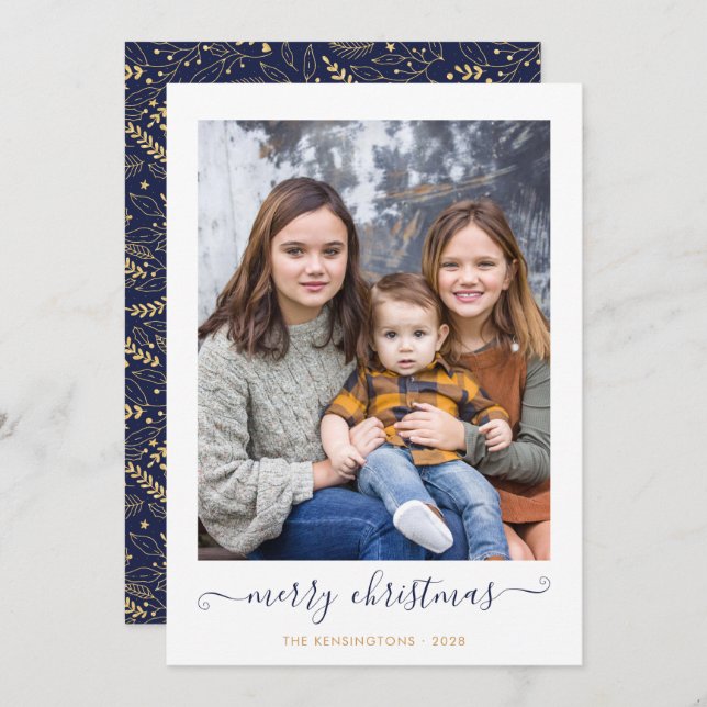 Navy Blue Gold Simple Script Merry Christmas Photo Holiday Card (Front/Back)