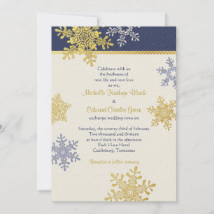 Navy Blue Gold Snowflake Winter Wedding Invitation