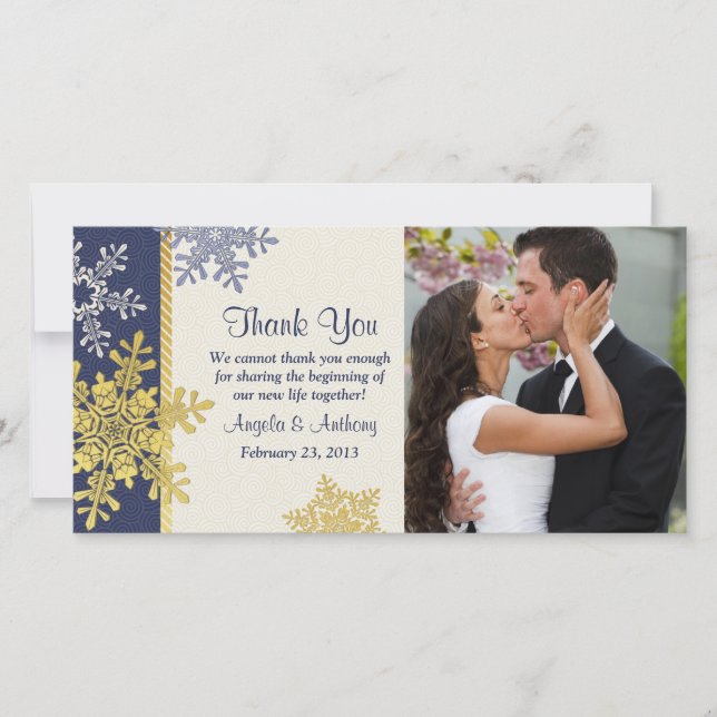 Navy Blue Gold Snowflake Winter Wedding Thank You (Front)