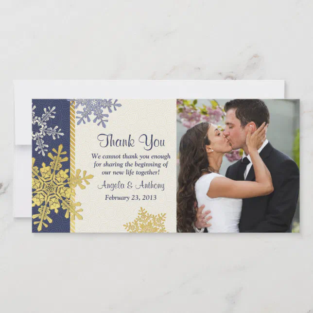 Navy Blue Gold Snowflake Winter Wedding Thank You Card | Zazzle