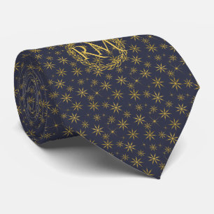 Navy Blue Gold Snowflakes Pattern Monogrammed Tie