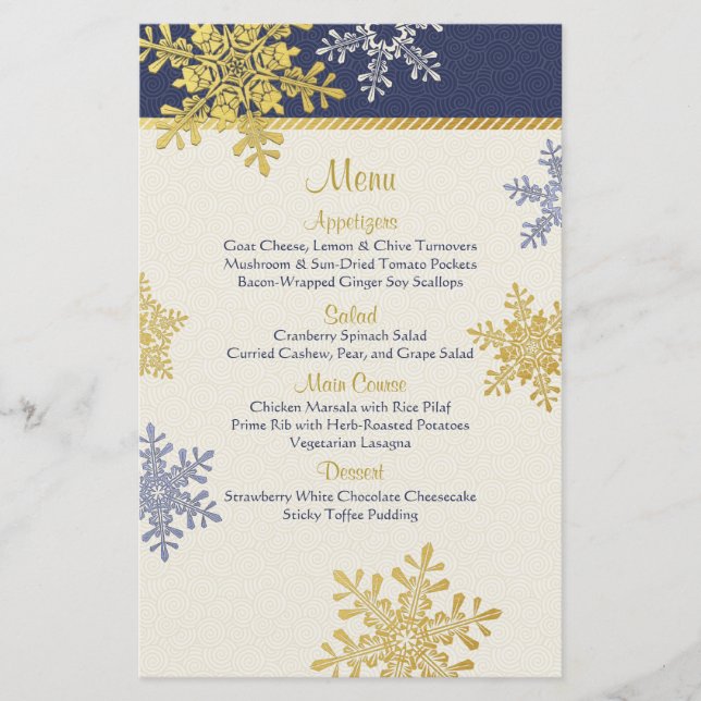 Navy Blue Gold Snowflakes Winter Wedding Menu Card (Front)