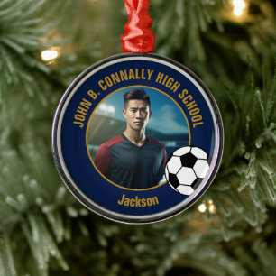 Navy Blue Gold Soccer Player Photo Christmas Metal Ornament