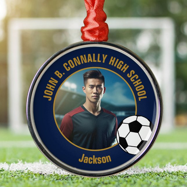 Navy Blue Gold Soccer Player Photo Christmas Metal Ornament (Creator Uploaded)