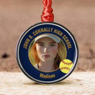 Navy Blue Gold Softball Player Photo Christmas Metal Ornament