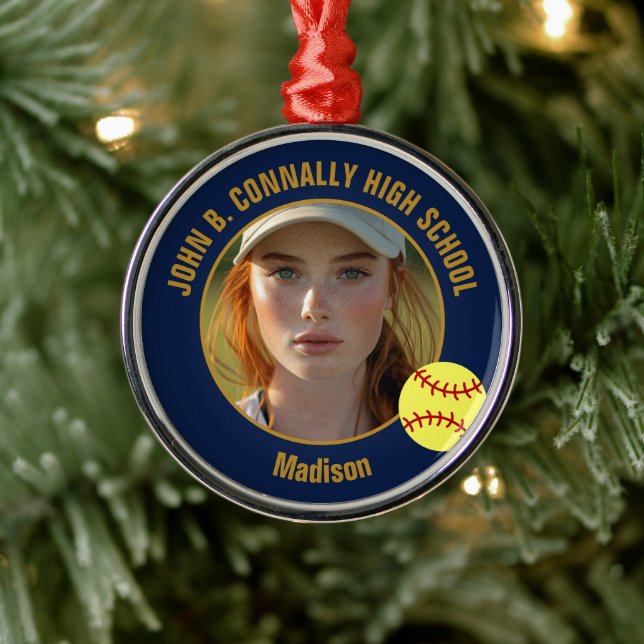 Navy Blue Gold Softball Player Photo Christmas Metal Ornament (Tree)