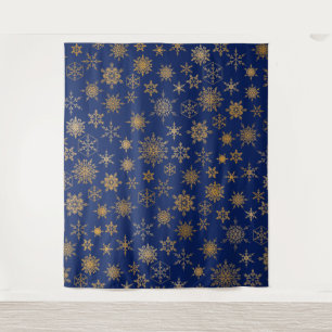Navy Blue & Gold Sowflake Selfie Photo Backdrop Tapestry