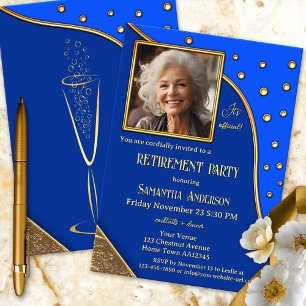 Navy Blue Gold Sparkles Photo Retirement Party Invitation
