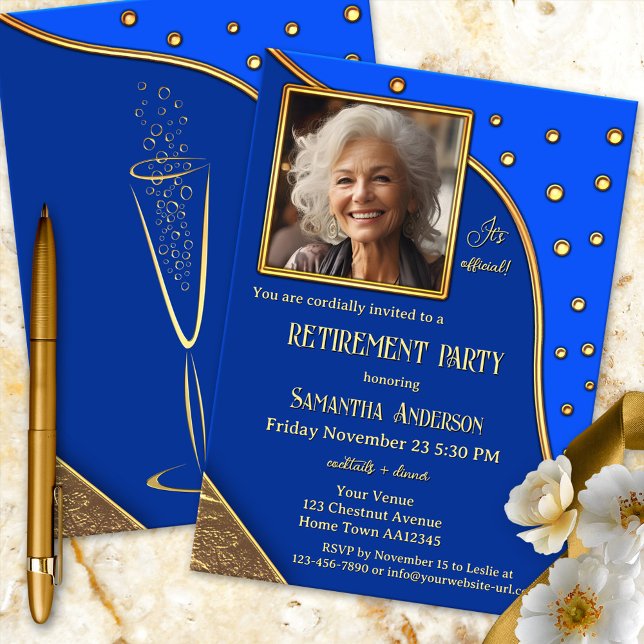 Navy Blue Gold Sparkles Photo Retirement Party Invitation (Elegant retirement invitation showing your photo on a navy blue gold design with festive sparkles)