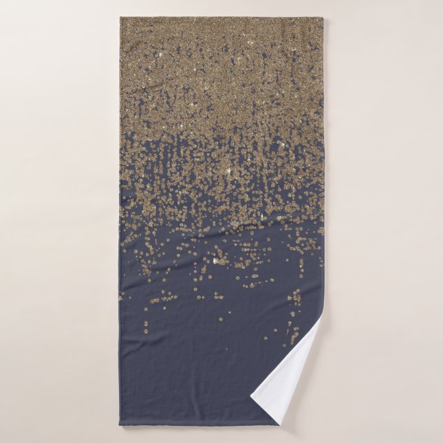 Navy Blue Gold Sparkly Glitter Ombre Bath Towel (Bath Towel)