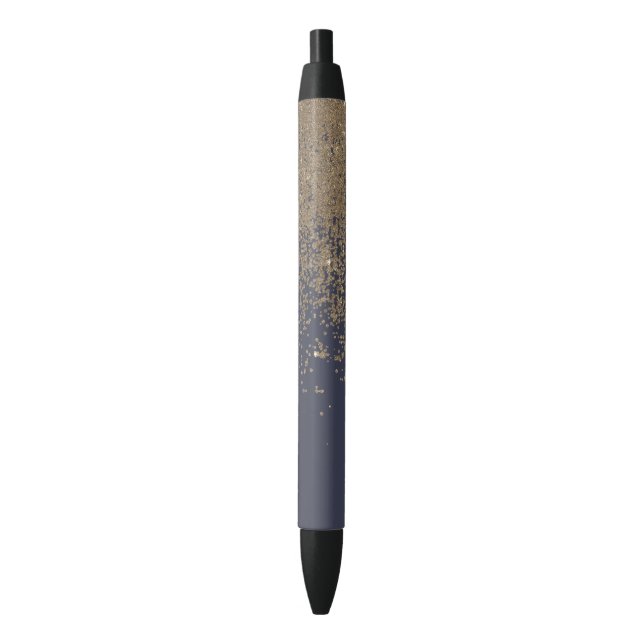 Navy Blue Gold Sparkly Glitter Ombre Black Ink Pen (Front Vertical)