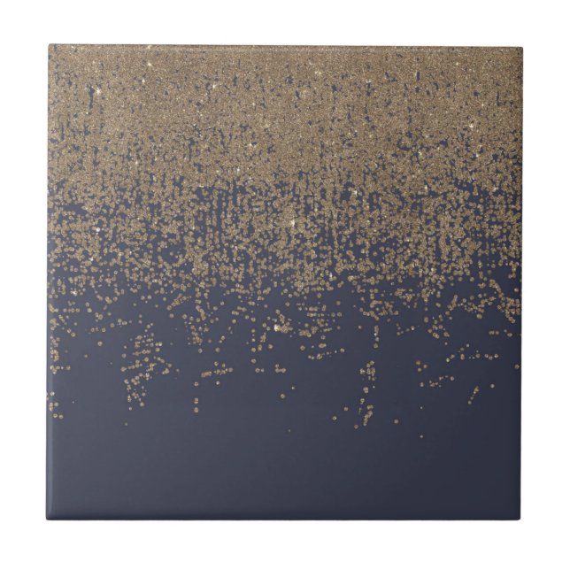 Navy Blue Gold Sparkly Glitter Ombre Ceramic Tile (Front)