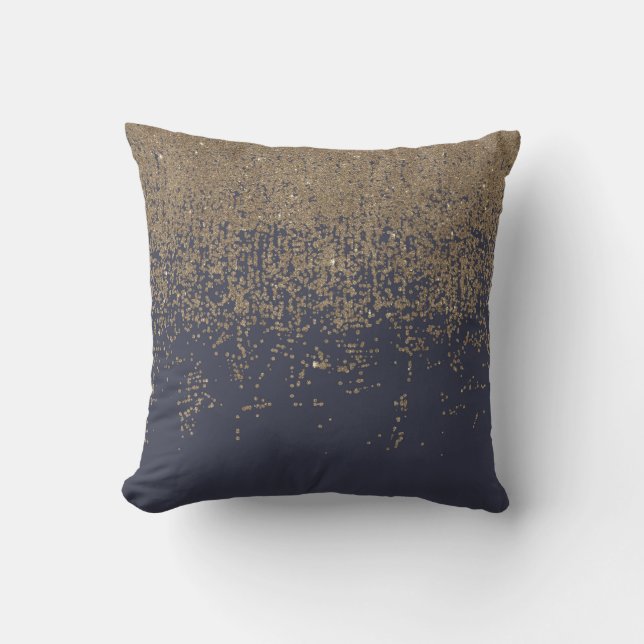 Navy Blue Gold Sparkly Glitter Ombre Cushion (Front)