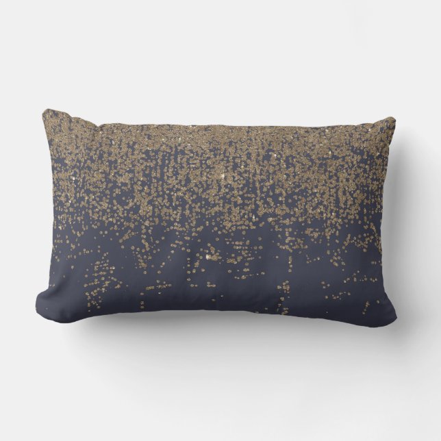 Navy Blue Gold Sparkly Glitter Ombre Lumbar Cushion (Front)