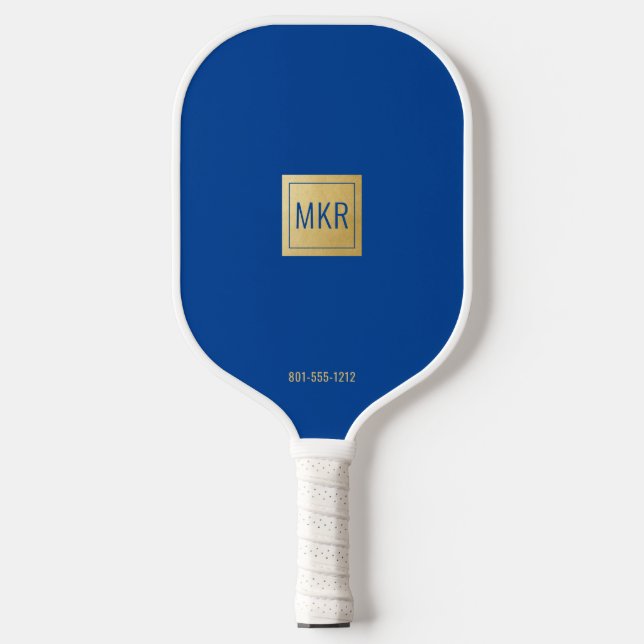 Navy Blue & Gold Square Monogram Pickleball Paddle (Front)