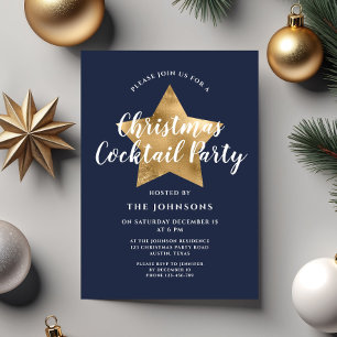 Navy Blue Gold Star Christmas Cocktail Party Invitation