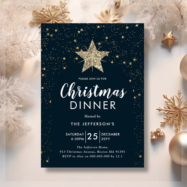 Navy Blue & Gold Star Christmas Dinner Invitation (Creator Uploaded)