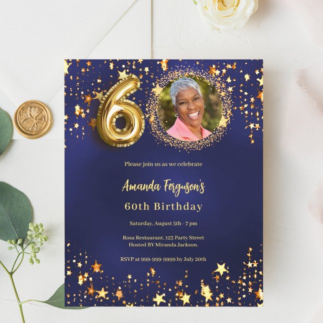 Navy blue gold star photo 60th birthday invitation (Creator Uploaded)