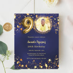 Navy blue gold star photo 90th birthday invitation<br><div class="desc">A modern,  stylish photo invitation for a 90th birthday party.  A navy blue background,  decorated with golden stars. The blue colour is uneven. Personalise and add your photo and party details.  

1 sheet = 1 invitation printed edge to edge.</div>