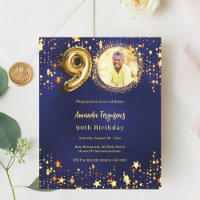 Navy blue gold star photo 90th birthday invitation