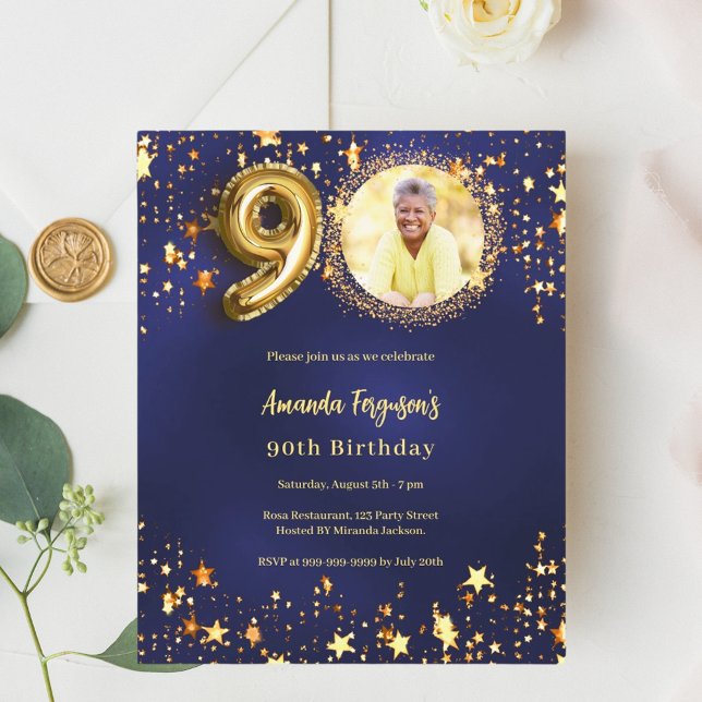 Navy blue gold star photo 90th birthday invitation (Creator Uploaded)