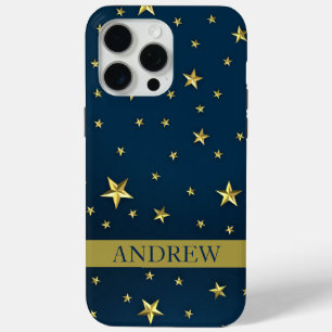 Navy Blue Gold Stars Personalised Name iPhone 15 Pro Max Case