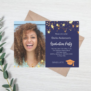 Navy blue gold stars photo graduation party invitation