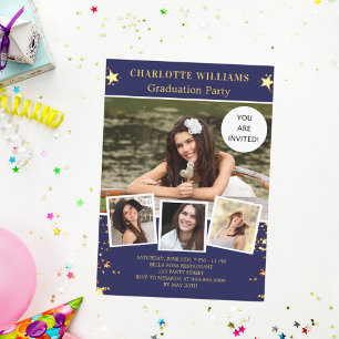 Navy blue gold stars photo graduation party invitation