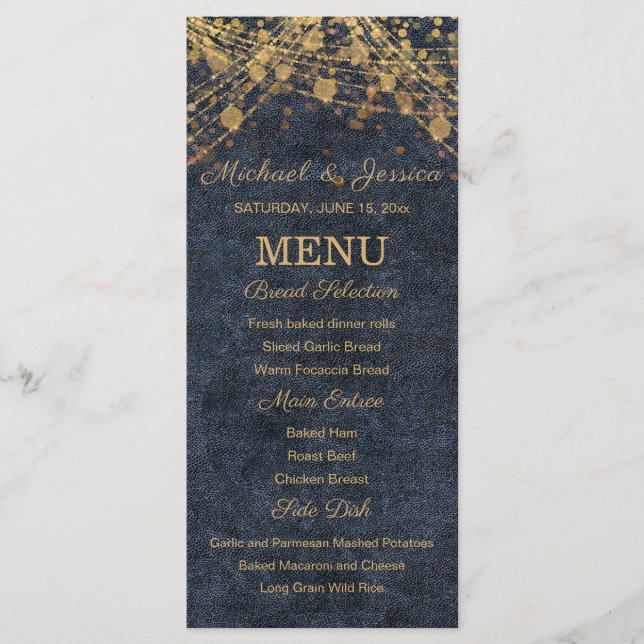 Navy Blue Gold String Lights Bokeh Wedding Menu (Front)