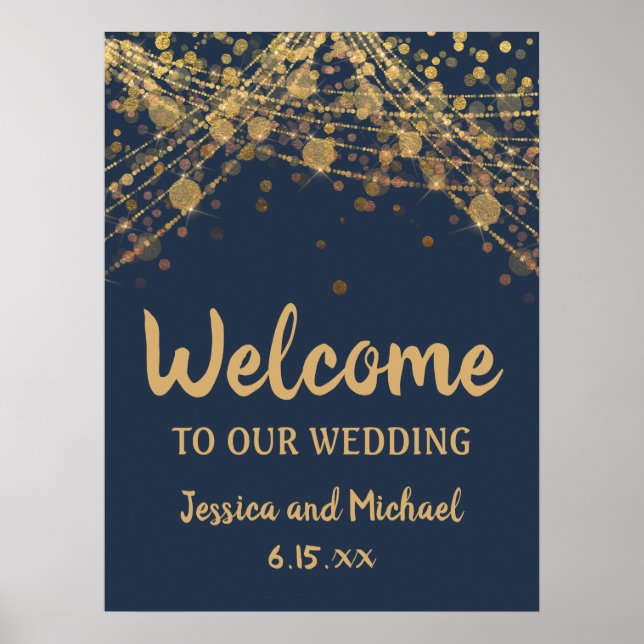 Navy Blue Gold String Lights Bokeh Wedding Welcome Poster (Front)
