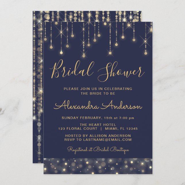 Navy Blue Gold String Lights Bridal Shower Invitation (Front/Back)