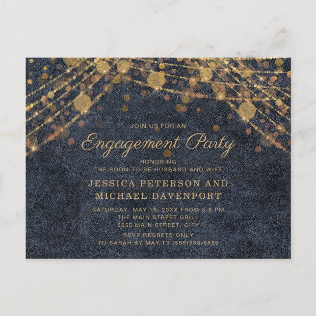 Navy Blue Gold String Lights Engagement Party Postcard (Front)